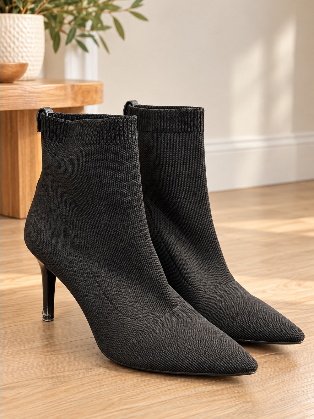Calvin Klein Black Knit Sock Ankle Boots Pointed Toe Stiletto Heels Size 6